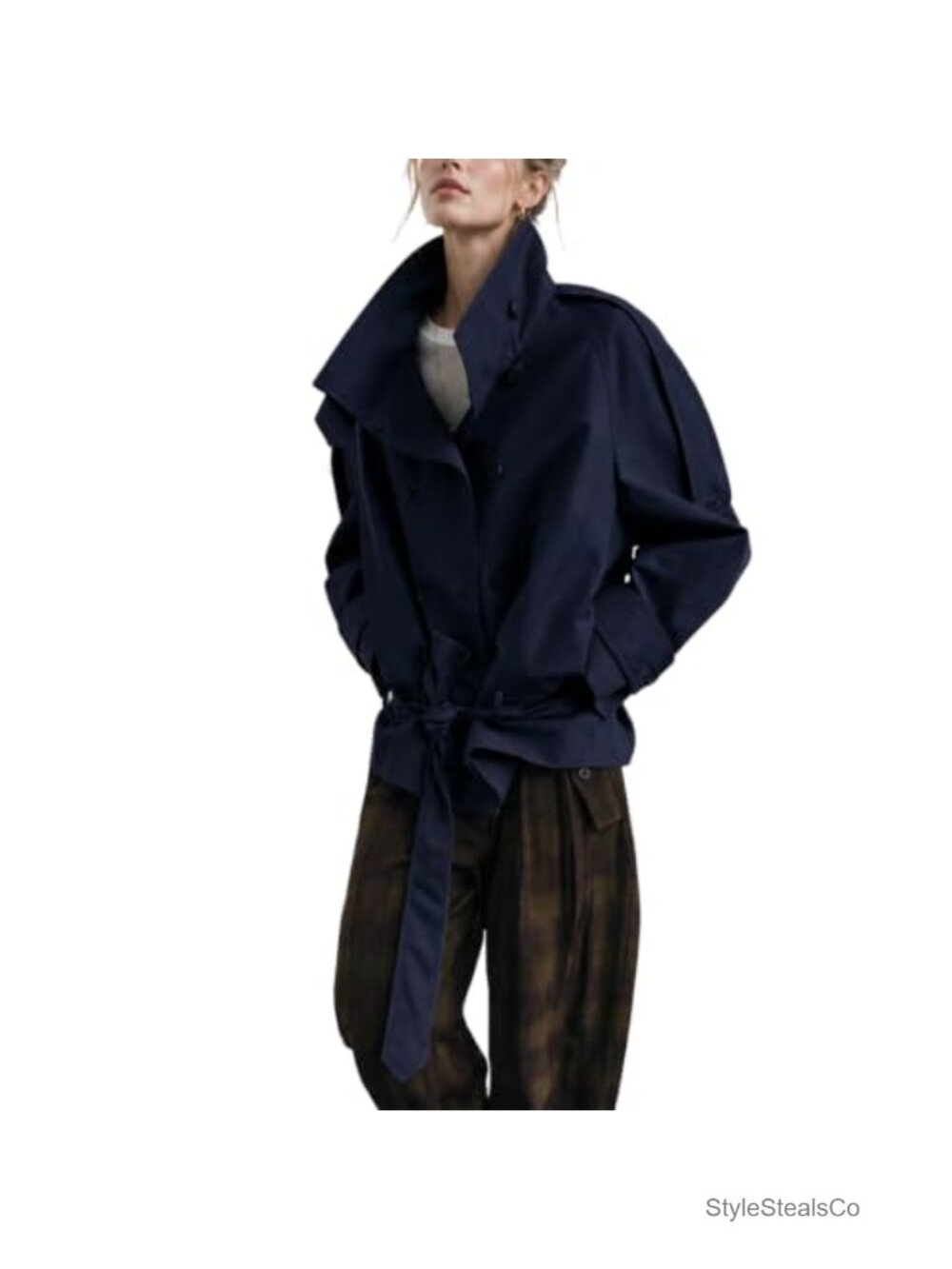 Womens Cropped Trench Coat Double Breasted High Neck Short Jacket